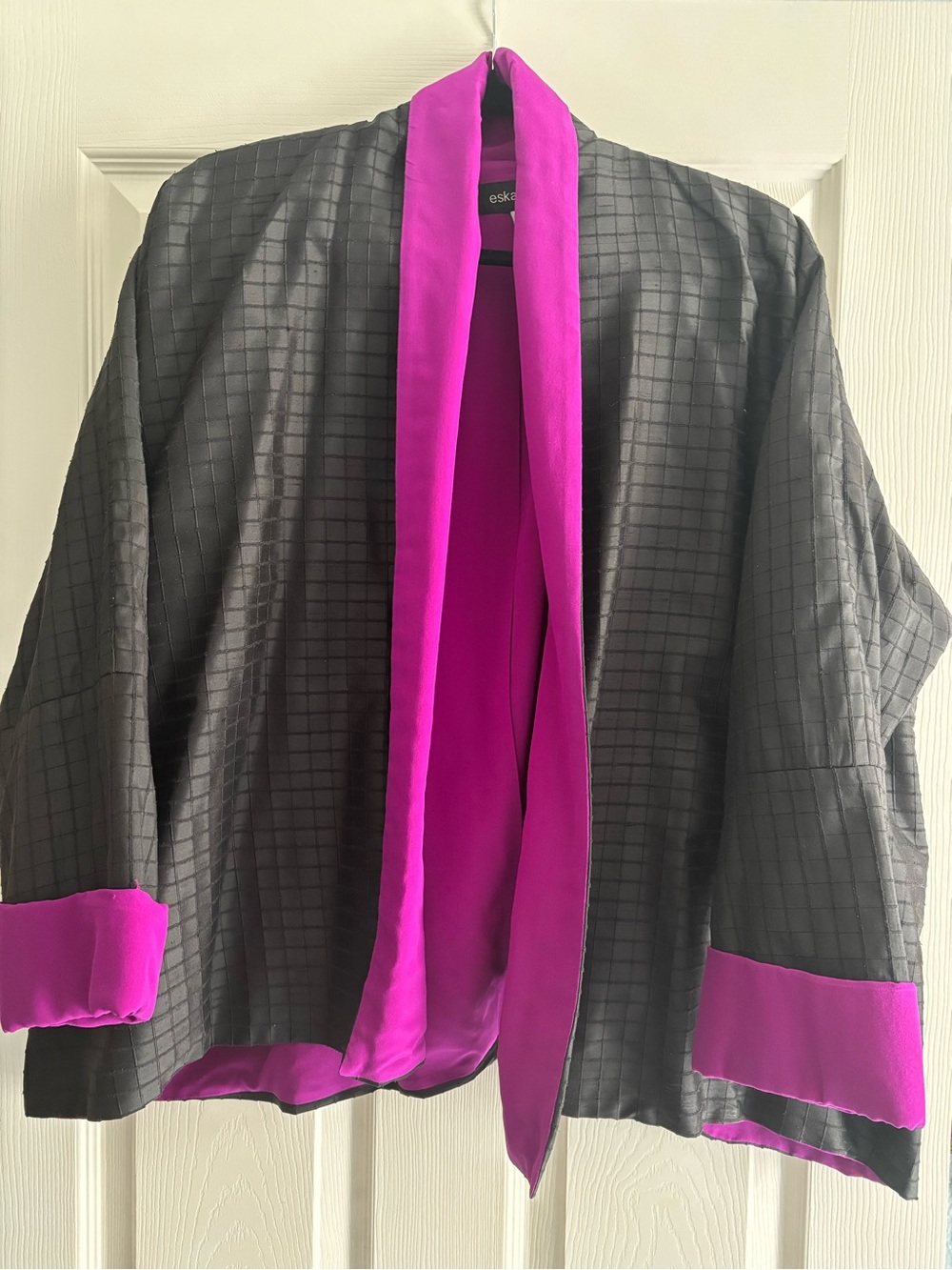 eskandar Kimono-style silk jacket, structured black outer and magenta inner